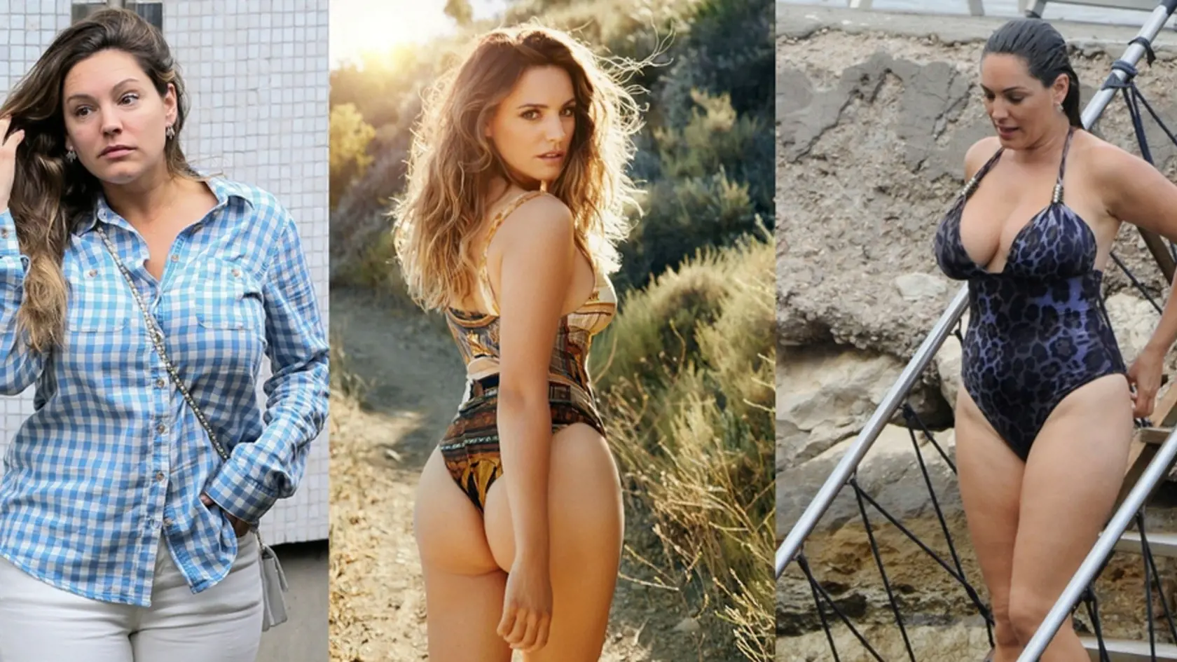 Modelka Kelly Brook – vľavo v bežný deň, vpravo na dovolenke s priateľom a uprostred reklamná fotka z kalendára. No koment