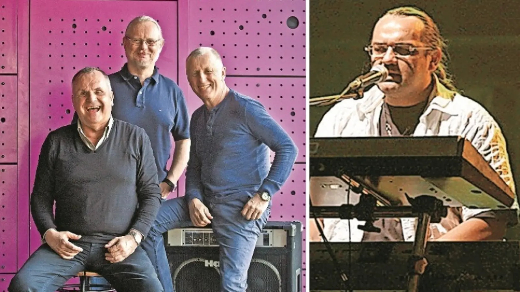 Legendárna zostava Elánu: Jožo Ráž, Vašo Patejdl a Ján Baláž dnes. Vpravo klavesák Ľubo Horňák, ktorý je o desať rokov mladší.
