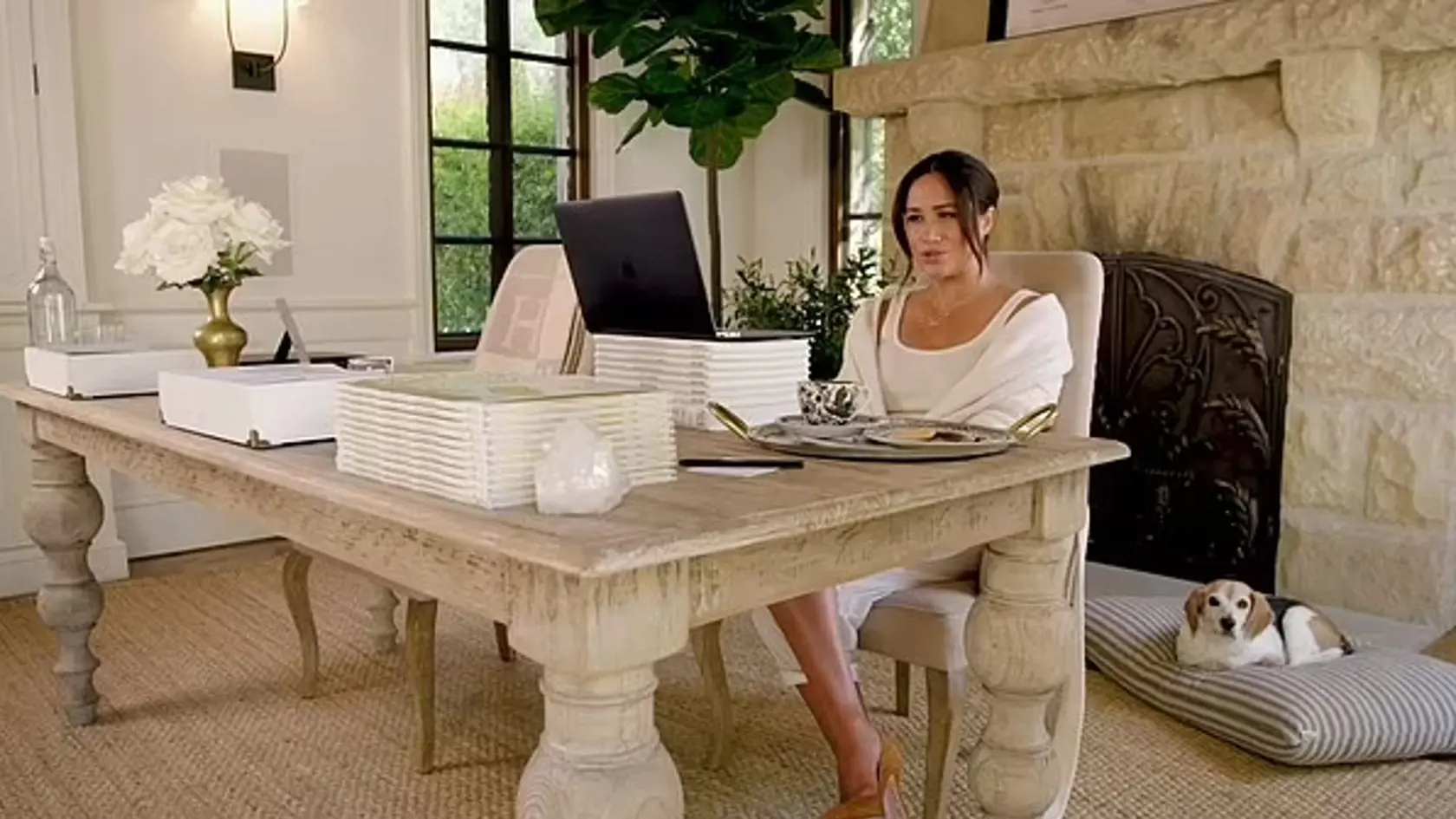 Pracovňa Meghan Markleovej je skutočným symbolom luxusu a sily. Za veľkým stolom sú posadené dve masívne kreslá pripomínajúce tróny; jeden pre Meghan, jeden pre Harryho.