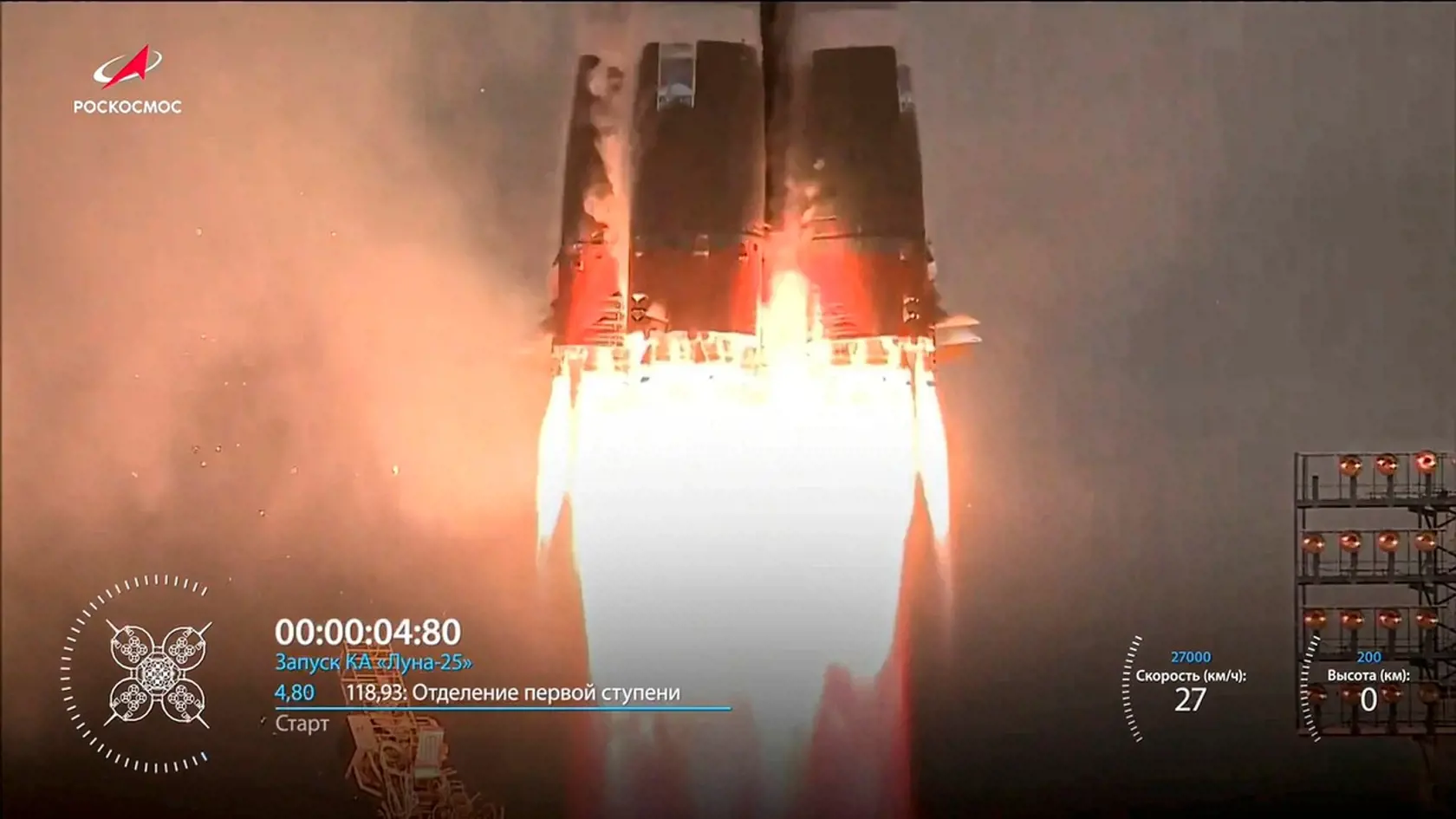 Na snímke ruská raketa Sojuz štartuje svoju lunárnu misiu na južný pól Mesiaca z kozmodrómu Vostočnyj na východe Ruska 11. augusta 2023.