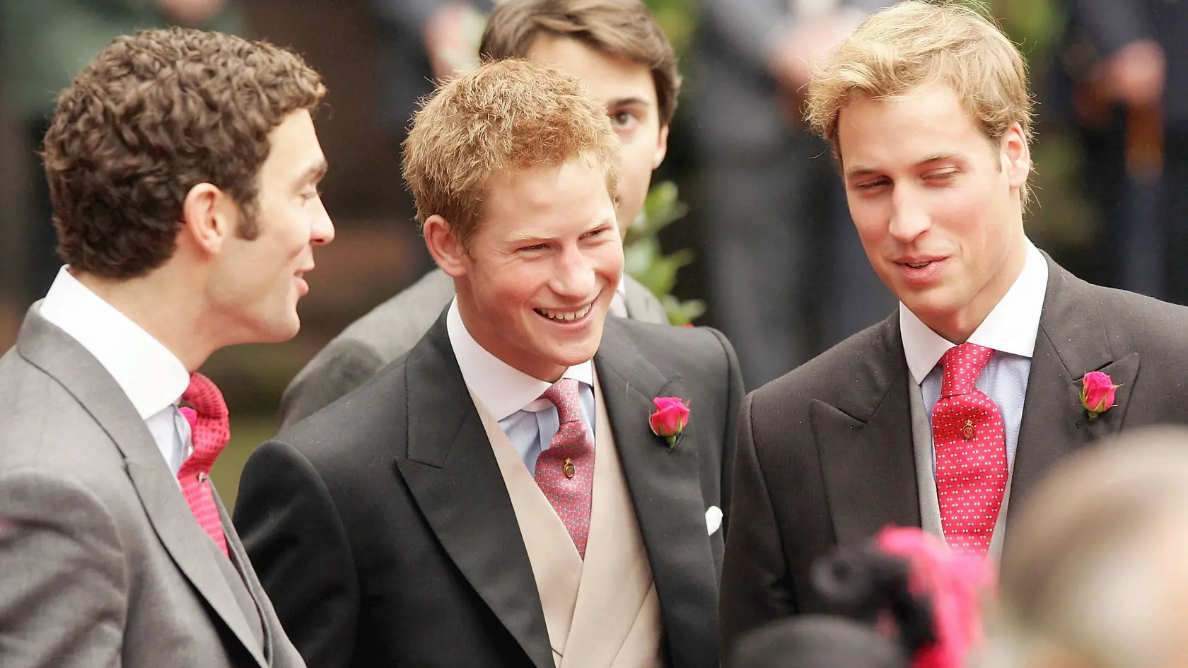CHESTER, ENGLAND - NOVEMBER 6: Princes Harry and William leave Chester Cathedral after the wedding of Lady Tamara Grovesnor on November 6, 2004 in Chester, England. Lady Tamara is the eldest daughter of The Duke and Duchess of Westminster and Edward van Cutsem - a good friend of Prince William - is the eldest son of the van Custem's. Van Cutsem, 30, famously accompanied Prince William on his travels to South Africa in 2000, and his parents are close friends of The Prince Of Wales.  (Photo by Gar