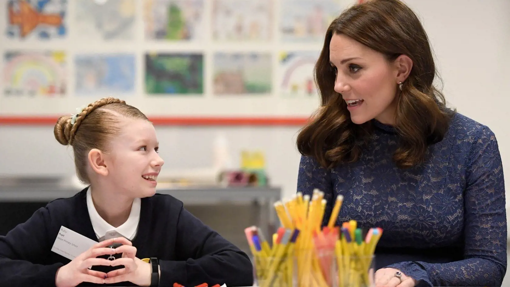 Britain's Catherine, Duchess of Cambridge speaks to Ruby, a pupil at Albion Primary School during a visit to officially open the new headquarters of children's mental health charity, Place2Be in central London on March 7, 2018.  Place2Be provides emotional and therapeutic support to children in schools, working alongside school leaders, teachers and parents., Image: 365383945, License: Rights-managed, Restrictions: , Model Release: no, Credit line: Profimedia, AFP