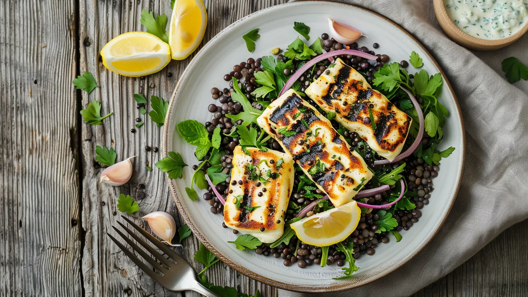 Teplý šalát s beluga šošovicou, halloumi a sviežim dresingom sa hodí aj na letné grilovačky. 