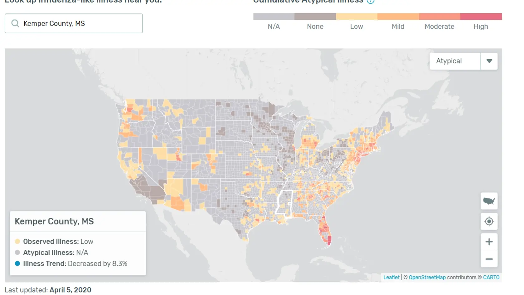 Mapa denných nameraných teplôt ukazuje vysokú mieru chrípkových ochorení na Floride v porovnaní so zvyškom USA.