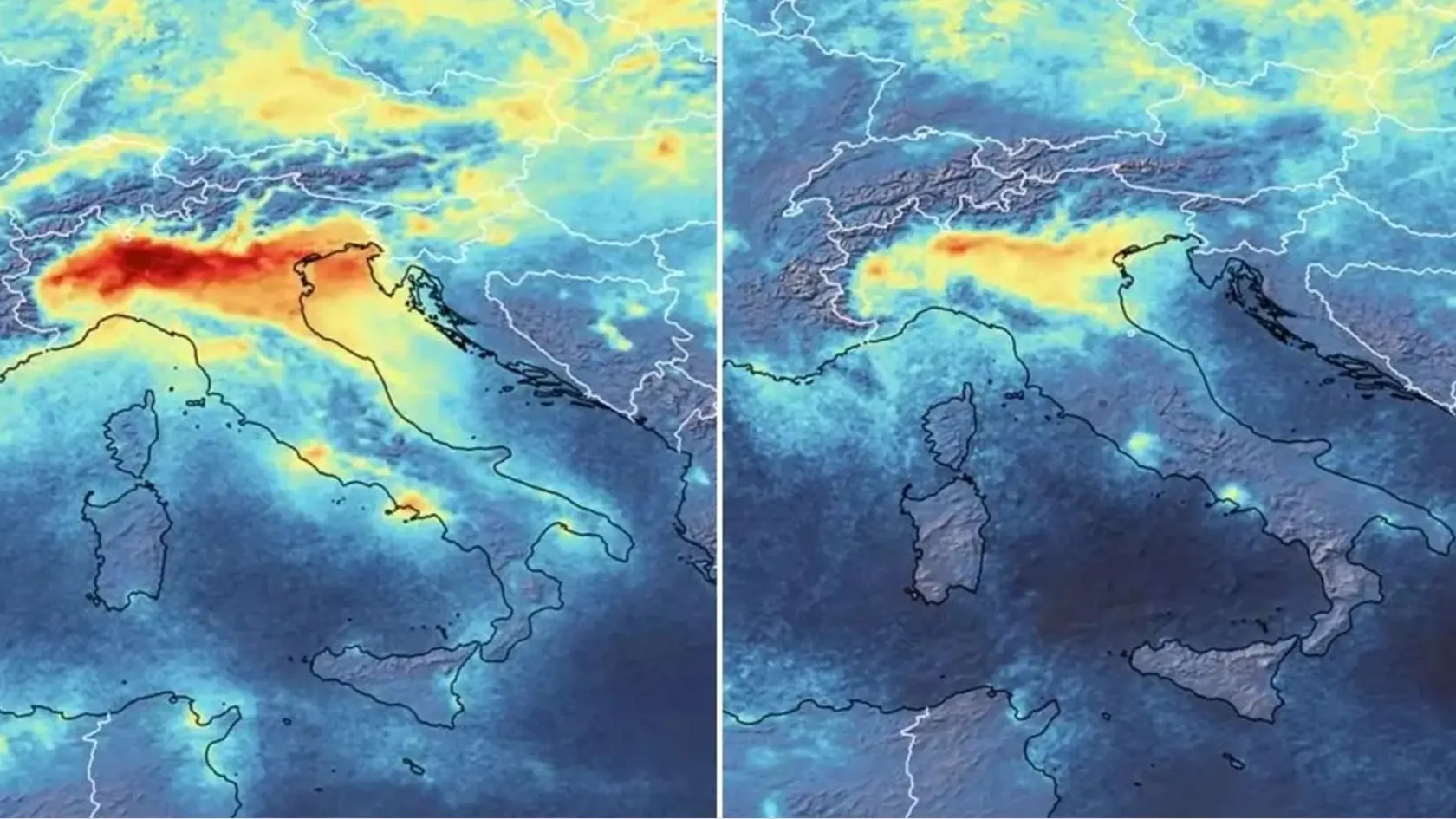 Miera znečistenia vzduchu v severnom Taliansko pred a po karanténe.