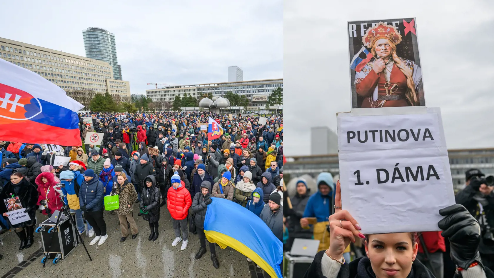 Na snímke protest proti nedeľnej návšteve predsedu vlády SR Roberta Fica (Smer-SD) v Moskve na Námestí slobody v Bratislave v pondelok 23. decembra 2024.