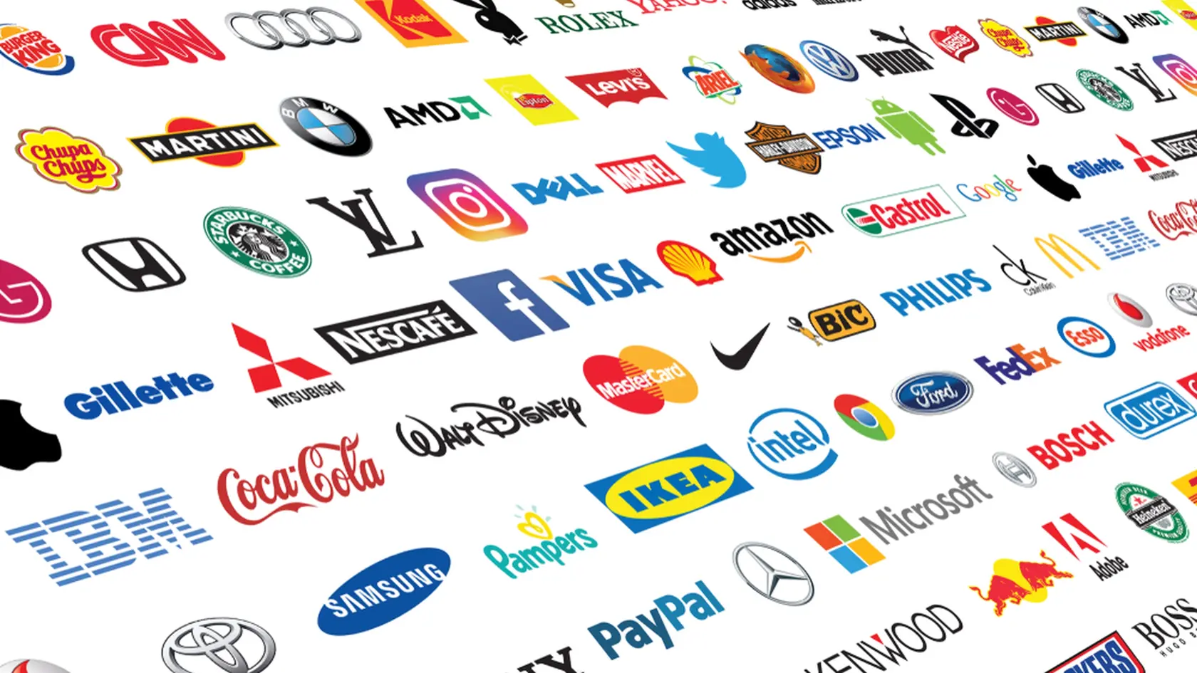 ZAPOROZHYE, UKRAINE - DECEMBER 20, 2017: Photo of a logotype collection of well-known world brand's printed on paper. Include Coca-Cola, Canon, Pepsi, Twitter, Apple and more others logo.