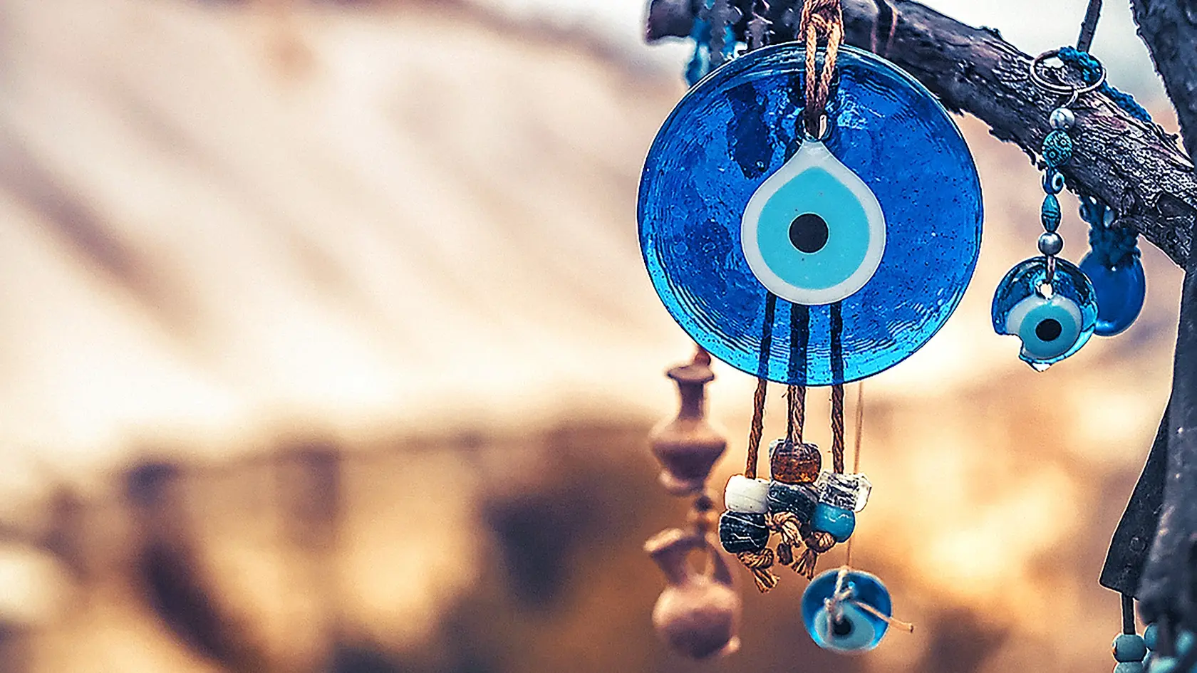 Close up view of evil eye amulet on mountain background in Cappadocia, Turkey