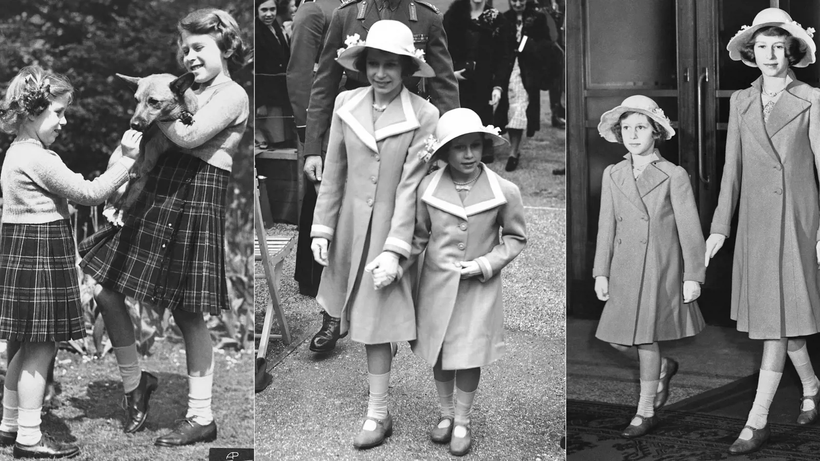 WA 18 archív - Na kombosnímke zľava britská princezná Margaret kŕmi psa, ktorého drží jej sestra britská princezná Elizabeth 5. júla 1936;  britská princezná Elizabeth a britská princezná Margaret Rose 7. júna 1938; a britská princezná Margaret Rose a britská princezná Elizabeth na prehliadke koní v Londýne 21. júna 1939. Deväťdesiatšesťročná britská kráľovná Alžbeta II. oslavuje v tomto roku 70. výročie svojho nástupu na trón. Kráľovná Alžbeta II. nastúpila na trón 6. februára 1952 a slávnostne