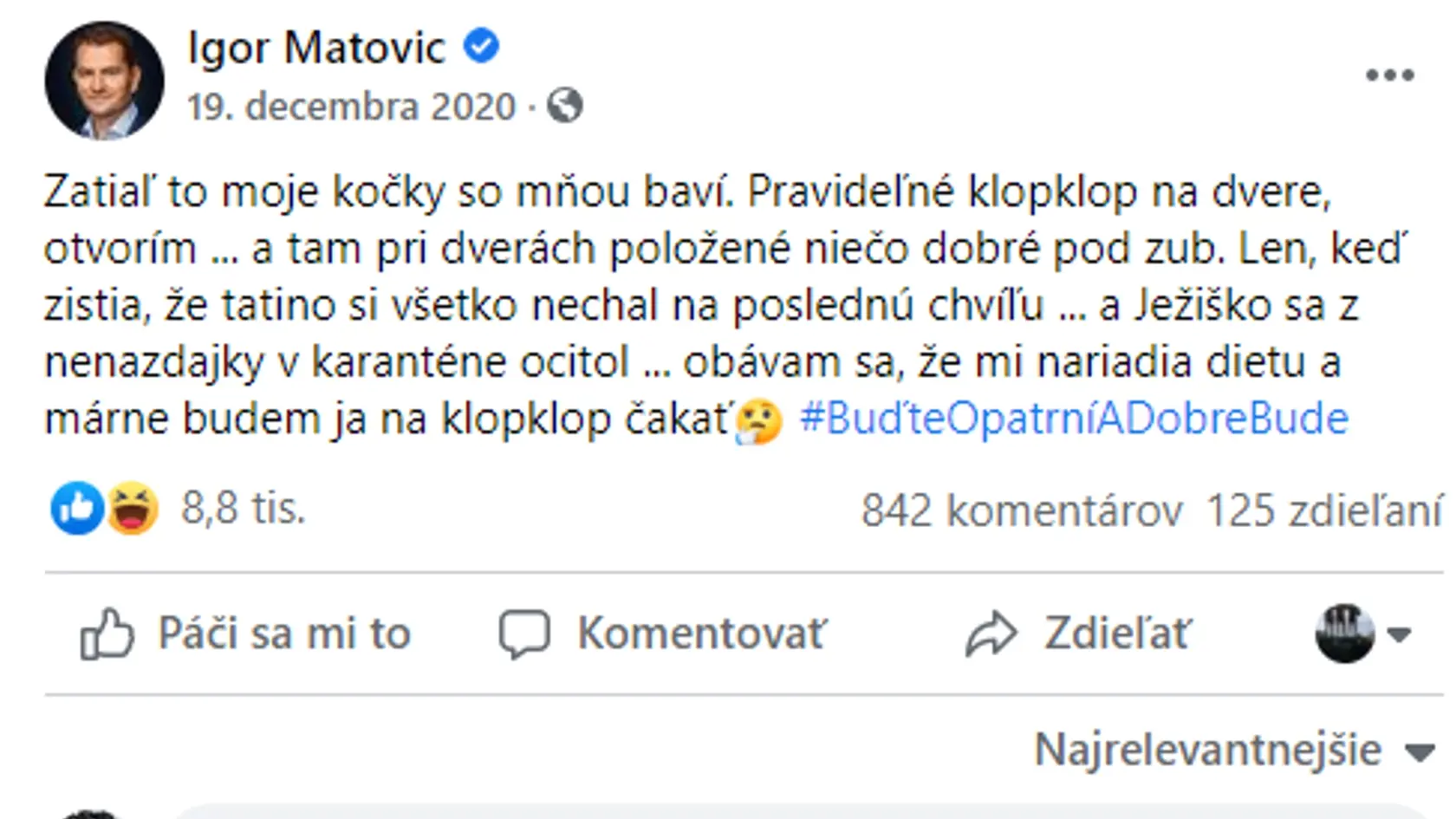 Status Igora Matoviča, ktorý zavesil na sociálnu sieť počas doby, kedy bol v karanténe.