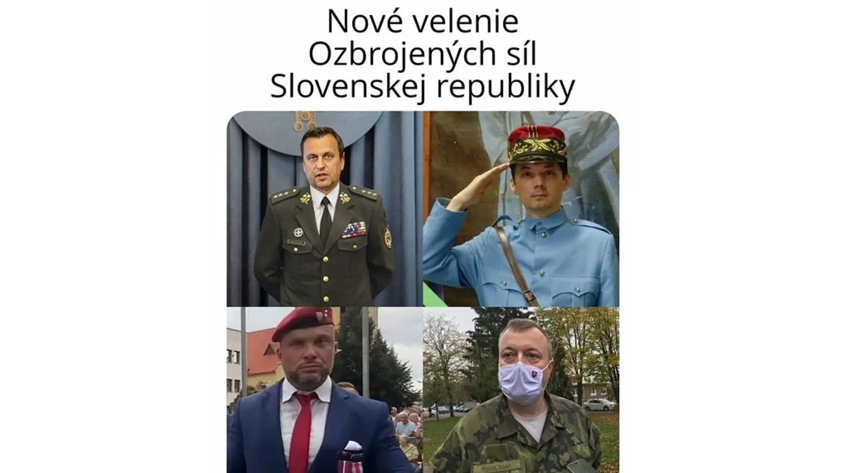 Miroslav Suja (vľavo dole) nie je prvým politikom, ktorý sa prezentoval ako vojak. Predseda SNS Andrej Danko (vľavo hore) sa v minulosti vytešoval z toho, že dostal hodnosť kapitán. Hodnosť mu bola napokon odobratá. Bývalý poslanec za SNS Rafael Rafaj (vpravo hore) sa zahral na generála Milana Rastislava Štefánika a Milan Krajniak (vpravo dole) zo Sme rodina sa počas celoplošného testovania na Covid rozhodol obliecť do vojenského odevu.