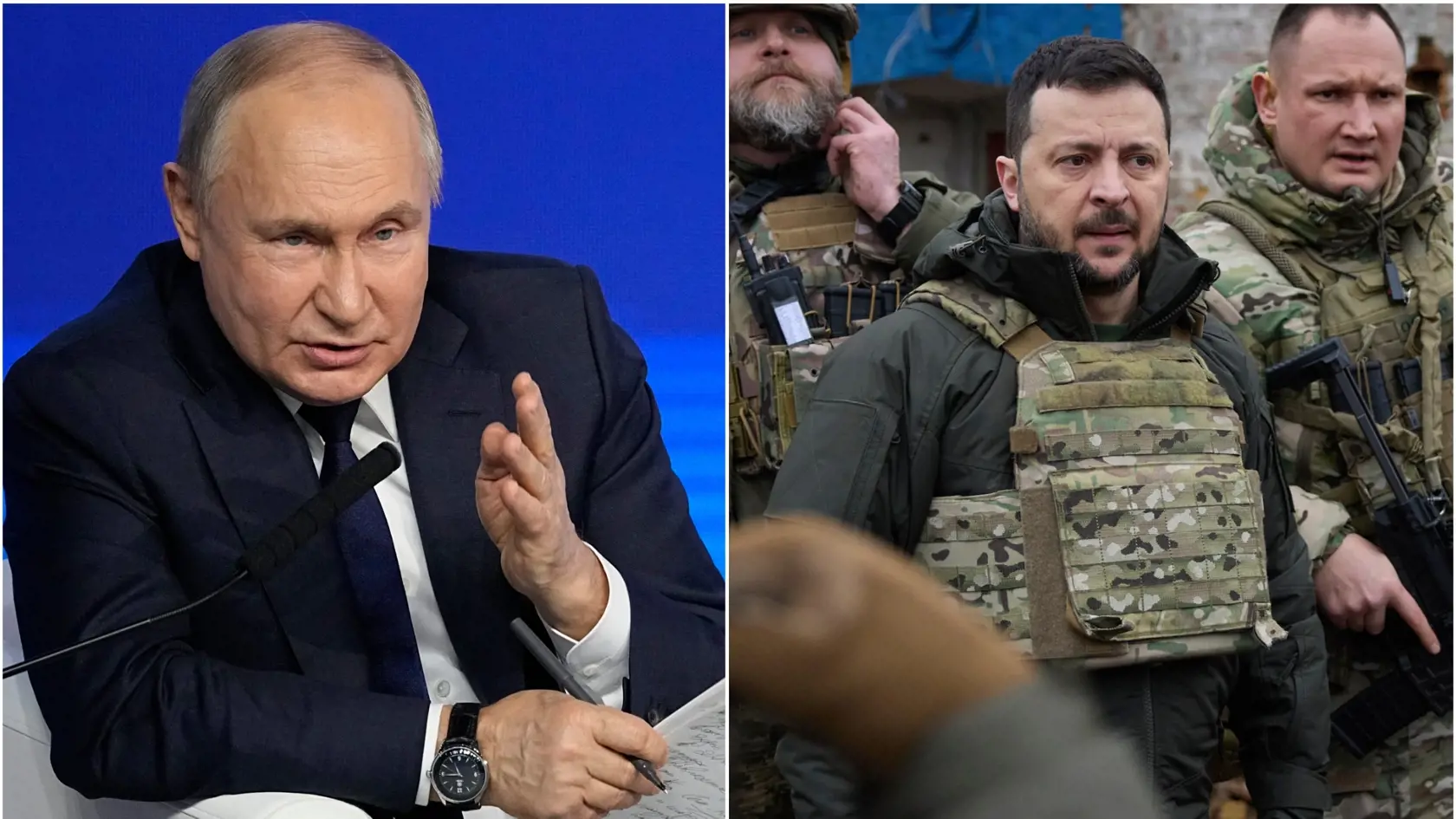 Ruský prezident Vladimir Putin a ukrajinský prezident Volodymyr Zelenskyj.