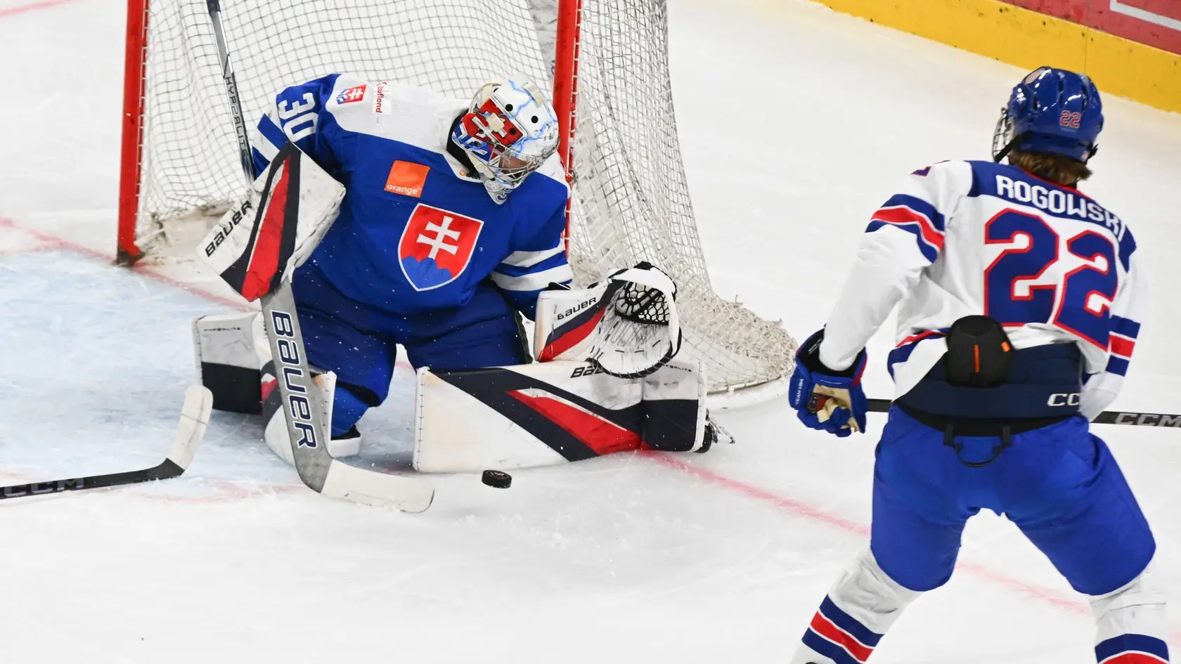 Na snímke zľava brankár Samuel Hrenák (Slovensko) a hokejista Brooks Rogowski (USA).