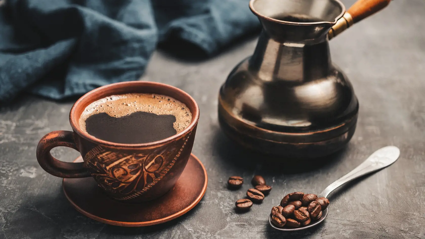 Black,Coffee,Drink,In,A,Clay,Cup,,Turkish,Jezve,Coffee