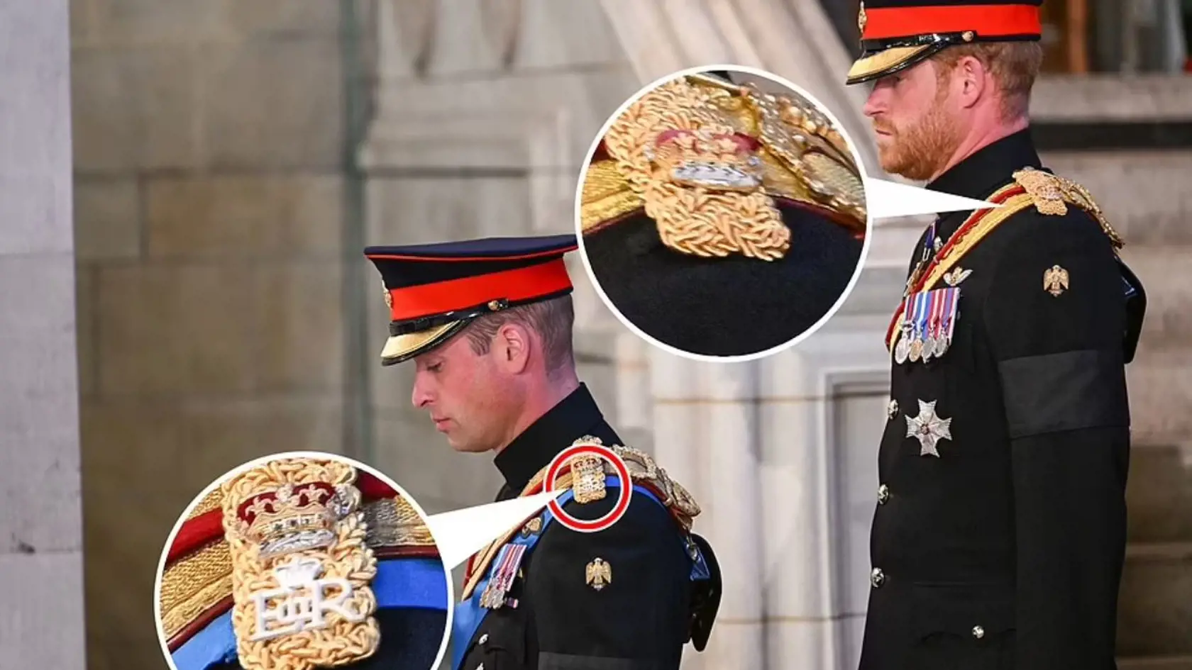 Na rozdiel od uniformy princa Williama, na tej Harryho chýbali kráľovnej iniciály ER (Elizabeth Regina). Podľa denníka Daily Mail bolo odobratie iniciálov z uniformy nielen obrovským ponížením, ale rovnako to zlomilo aj Harryho srdce. Na rozdiel od neho totiž synovi kráľovnej Andrewovi obvinenému zo sexuálneho násilia z uniformy iniciály odobraté neboli, prišiel však o vojenské tituly. Harry tak z Westminsterskej sály kráčal za Williamom zlomený a zahanbený so sklonenou hlavou.