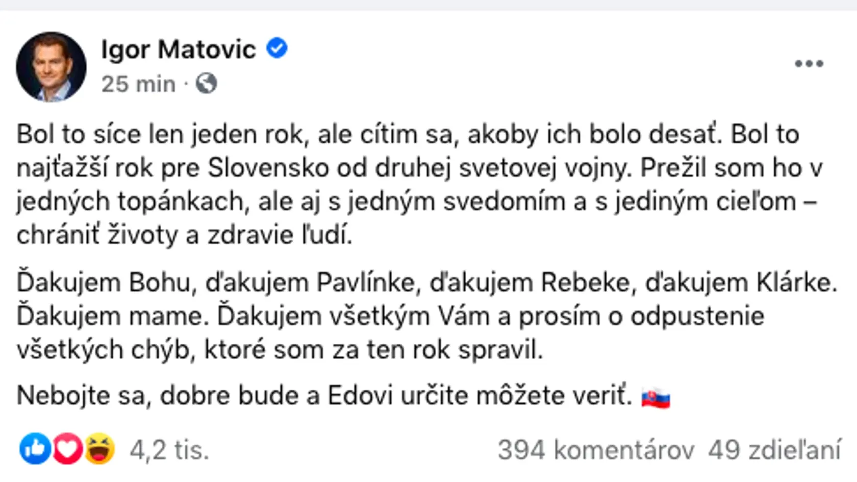 Igor Matovič a jeho poďakovanie na sociálnej sieti.