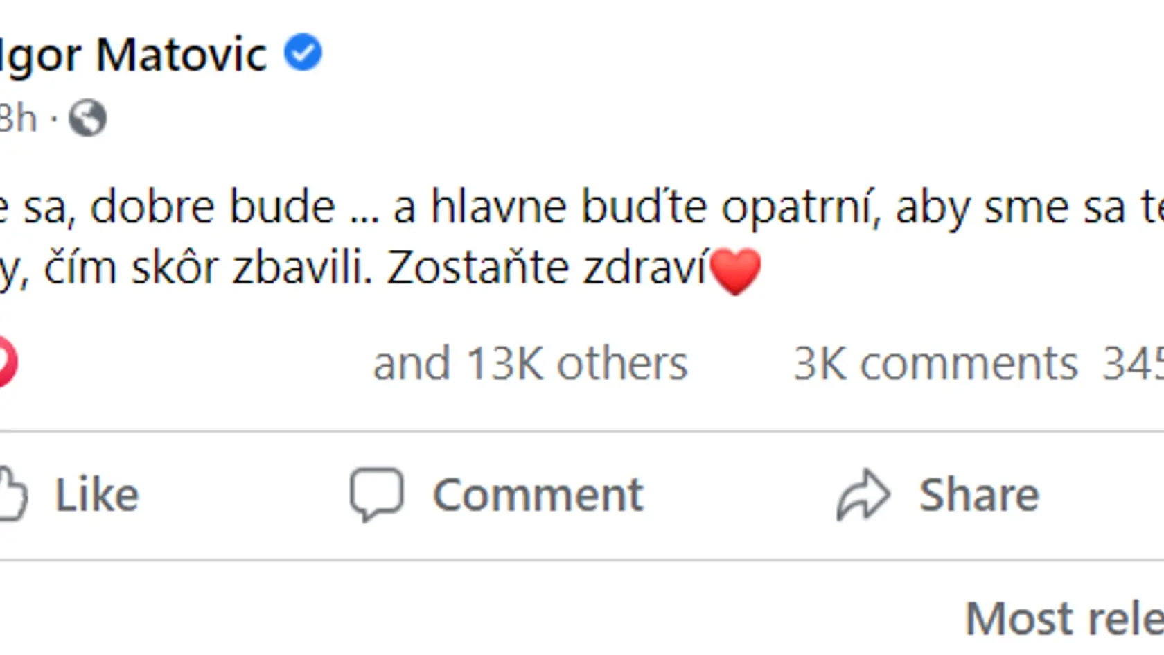 Igor Matovič po podaní demisie Richarda Sulíka na sociálnej sieti zverejnil status na sociálnej sieti.