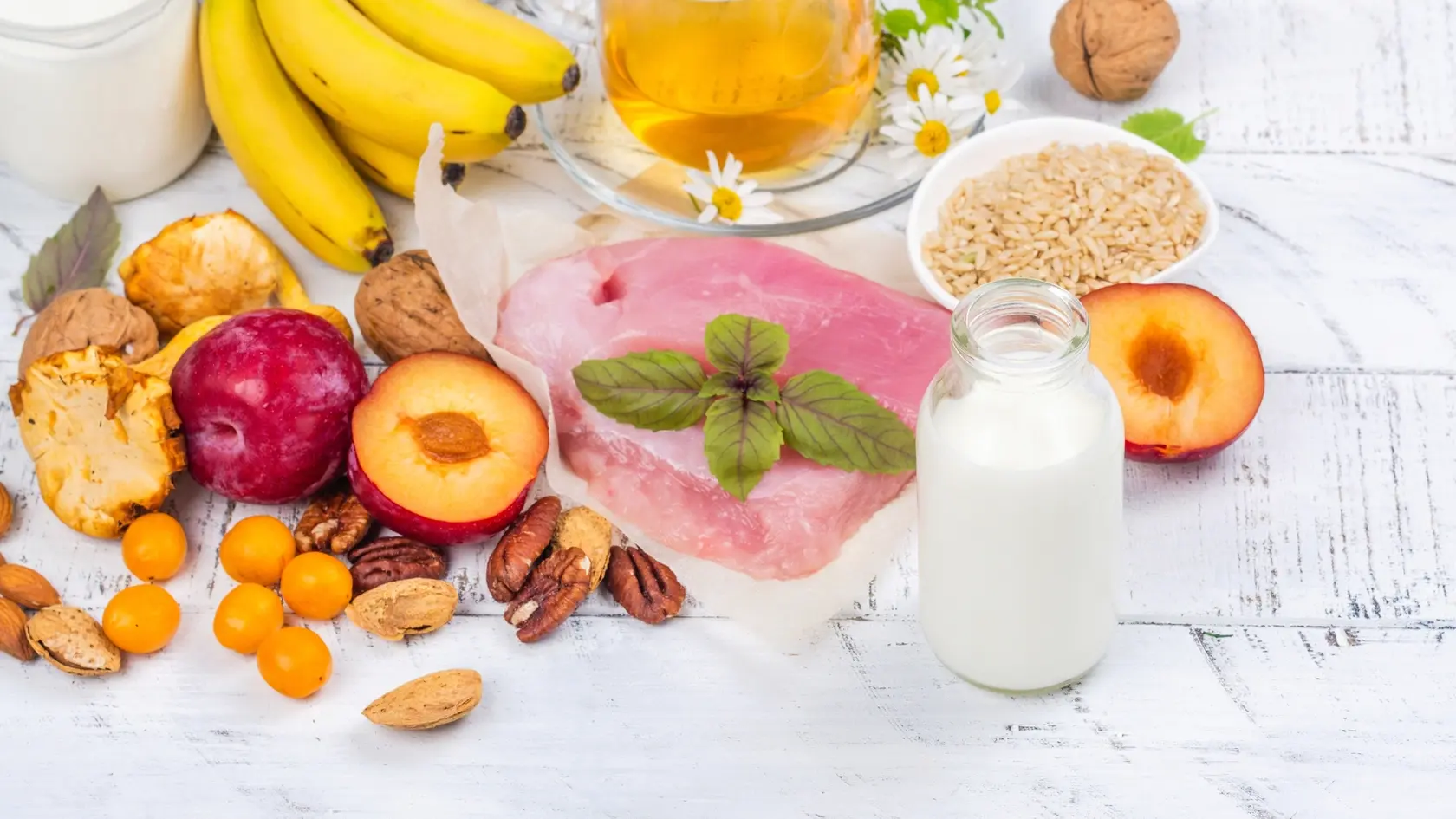 Best food for getting sleep. Foods rich of tryptophene and melatonin. Healthy nutrition concept