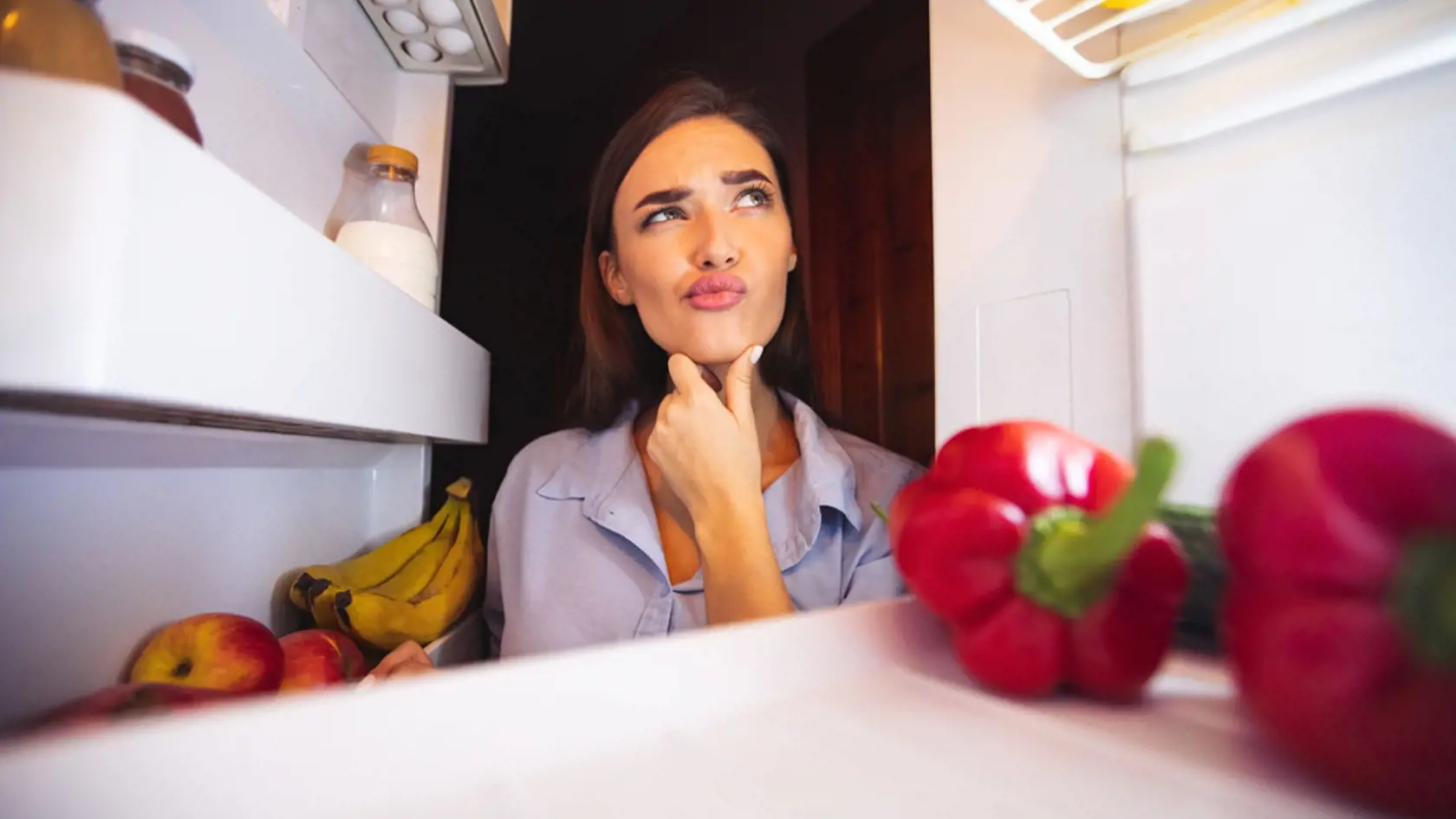 What,Should,I,Eat.,Young,Pensive,Woman,Thinking,Near,Opened