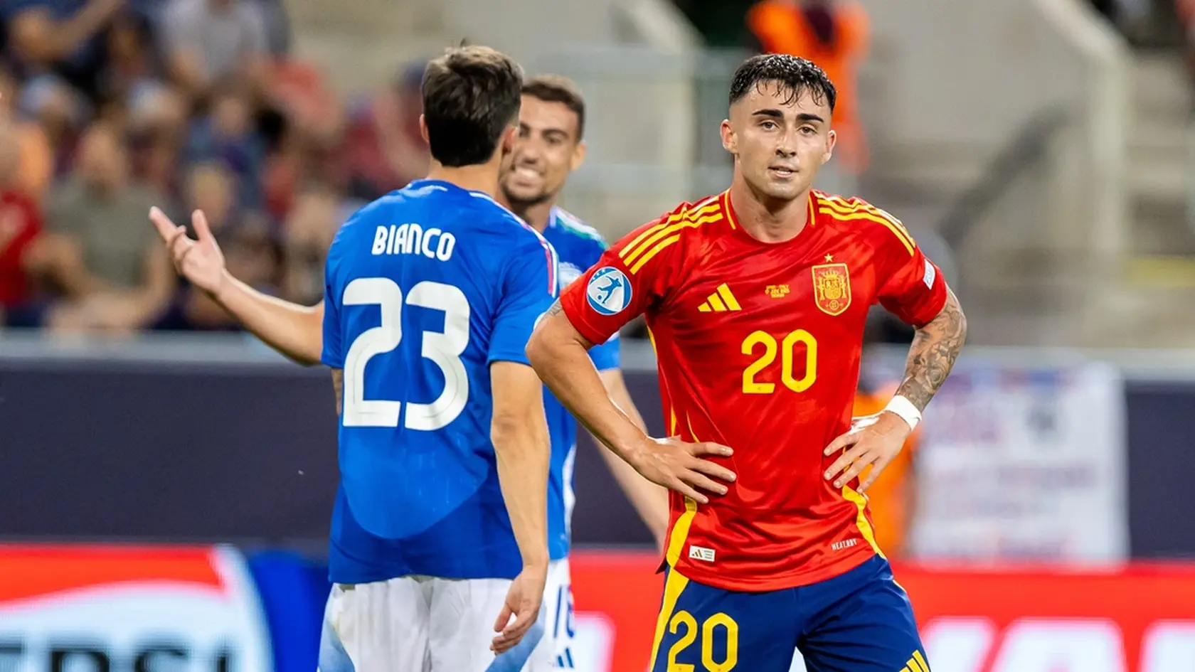 Futbalový zápas medzi Španielskom a Talianskom na majstrovstvách Európy hráčov do 21 rokov 2025 v Trnave.