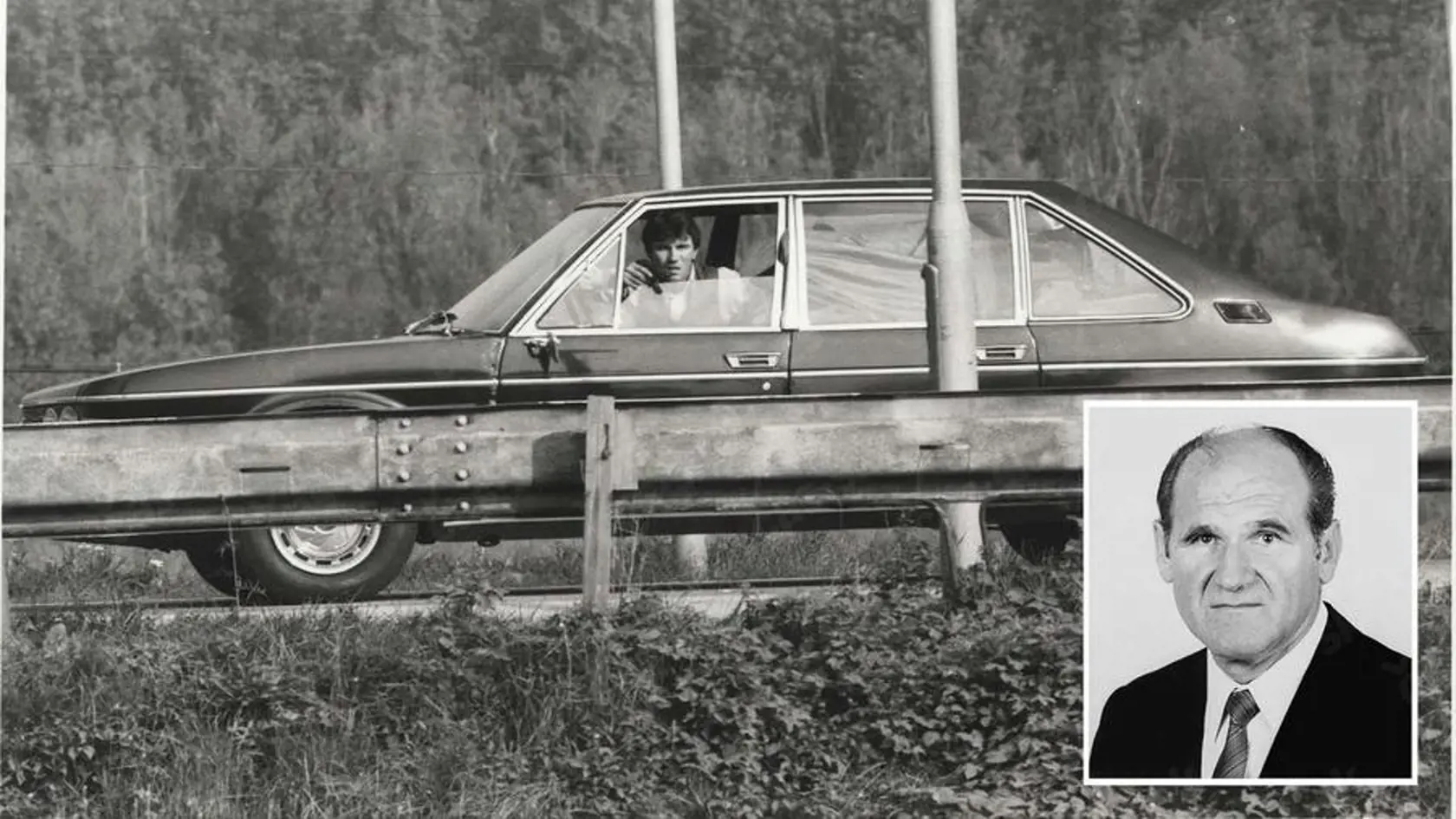 Historické zábery z archívu slovenskej polície. Roháč za volantom auta, rukojemník Imrich Hatiar.