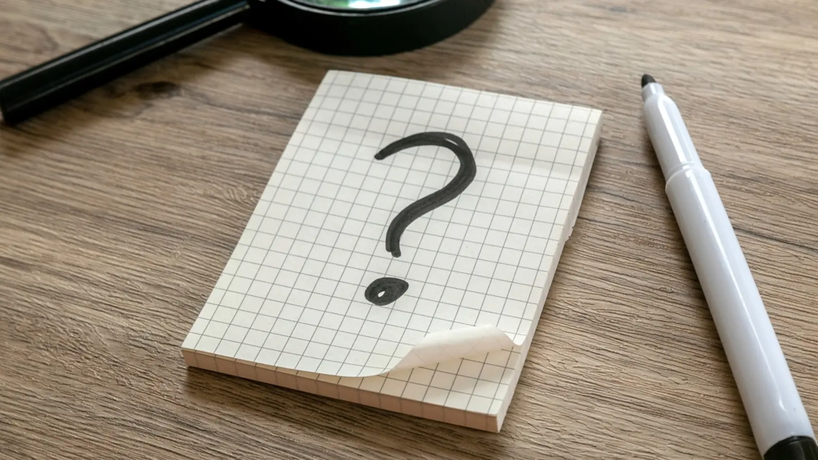 Question Mark on Graph Paper Notepad on Wooden Surface