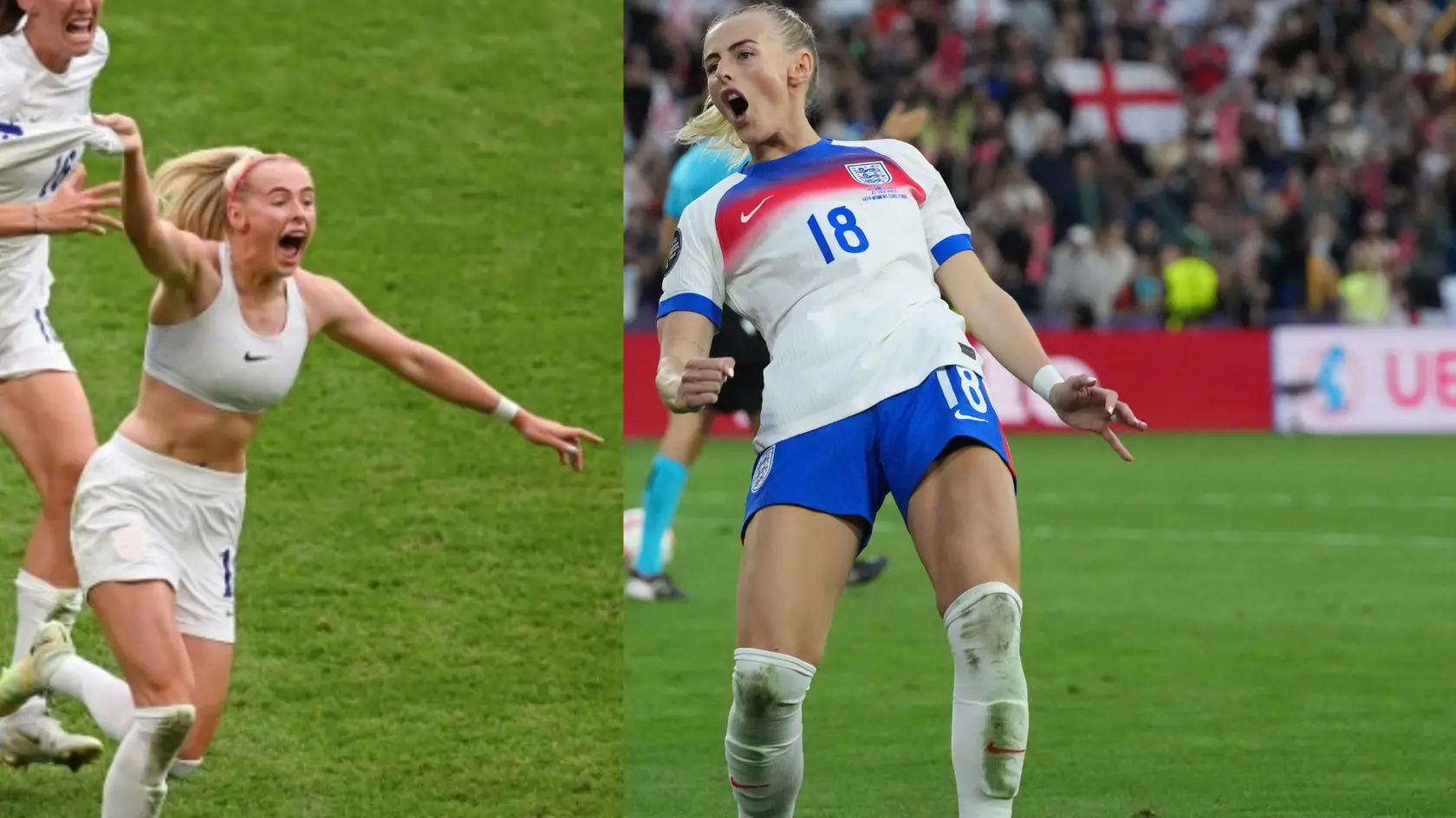 Vľavo Chloe Kellyová po víťaznom góle vo finále EURO v roku 2022, vpravo po rozhodujúcej penalte na EURO 2025.