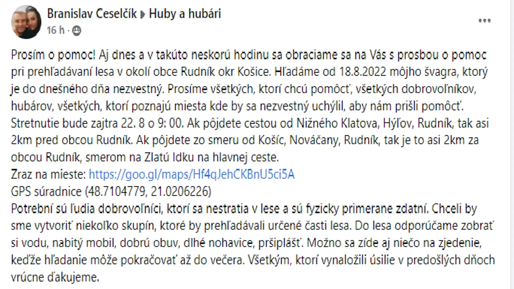 Výzva na pomoc pri hľadaní  nezvestného Patrika.