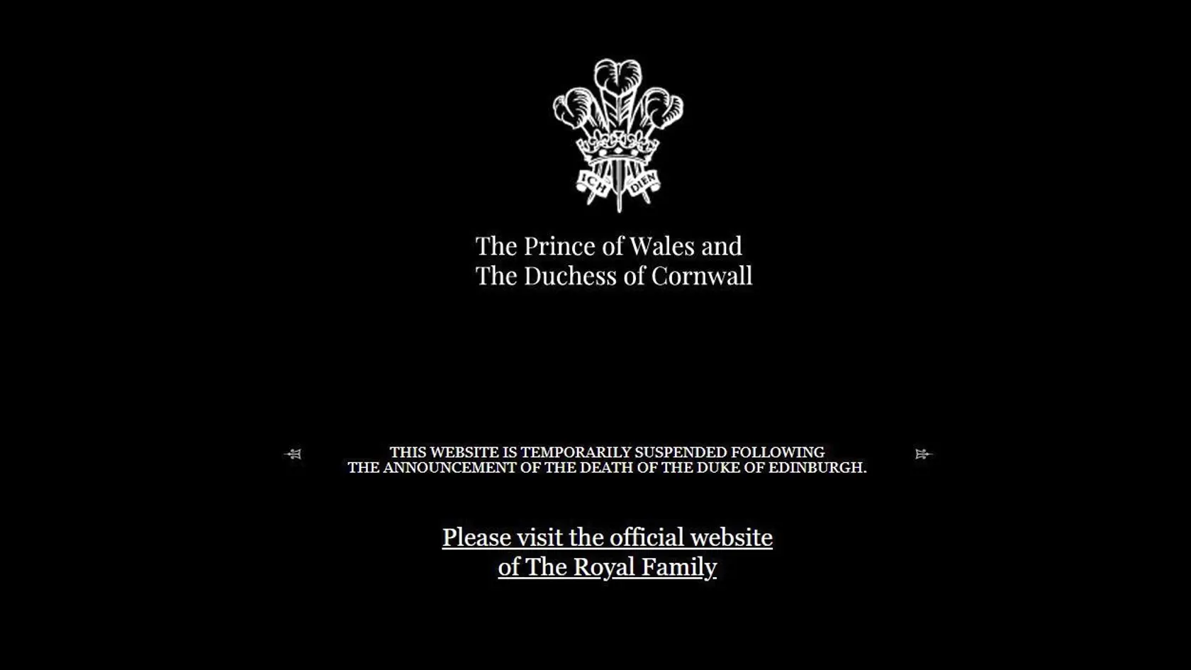KK39 Londýn - Snímka prevzatá z oficiálnej webovej stránky princa z Walesu a vojvodkyne z Cornwallu po úmrtí britského princa Philipa 9. apríla 2021. Britský princ Philip, manžel kráľovnej Alžbety II., zomrel v piatok vo veku 99 rokov. Oznámil to Buckinghamský palác.  "Jeho kráľovská výsosť zomrela dnes ráno pokojne na Windsorskom zámku," dodal palác s tým, že ďalšie informácie zverejnia v náležitom čase. FOTO TASR/AP
This screengrab taken from the official website of the Prince of Wales and the