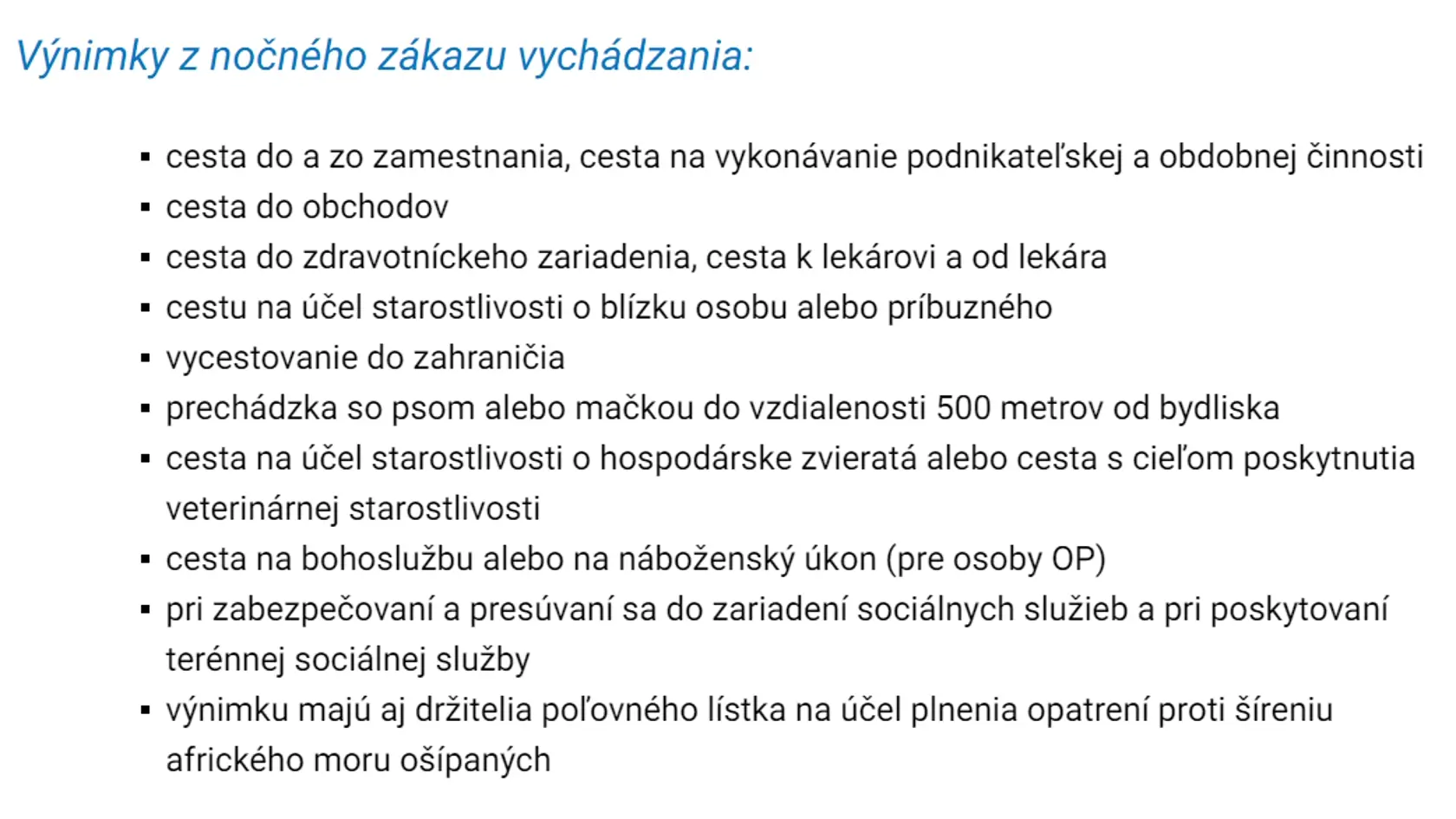 Zoznam výnimiek z nočného zákazu vychádzania od 17.12.2021