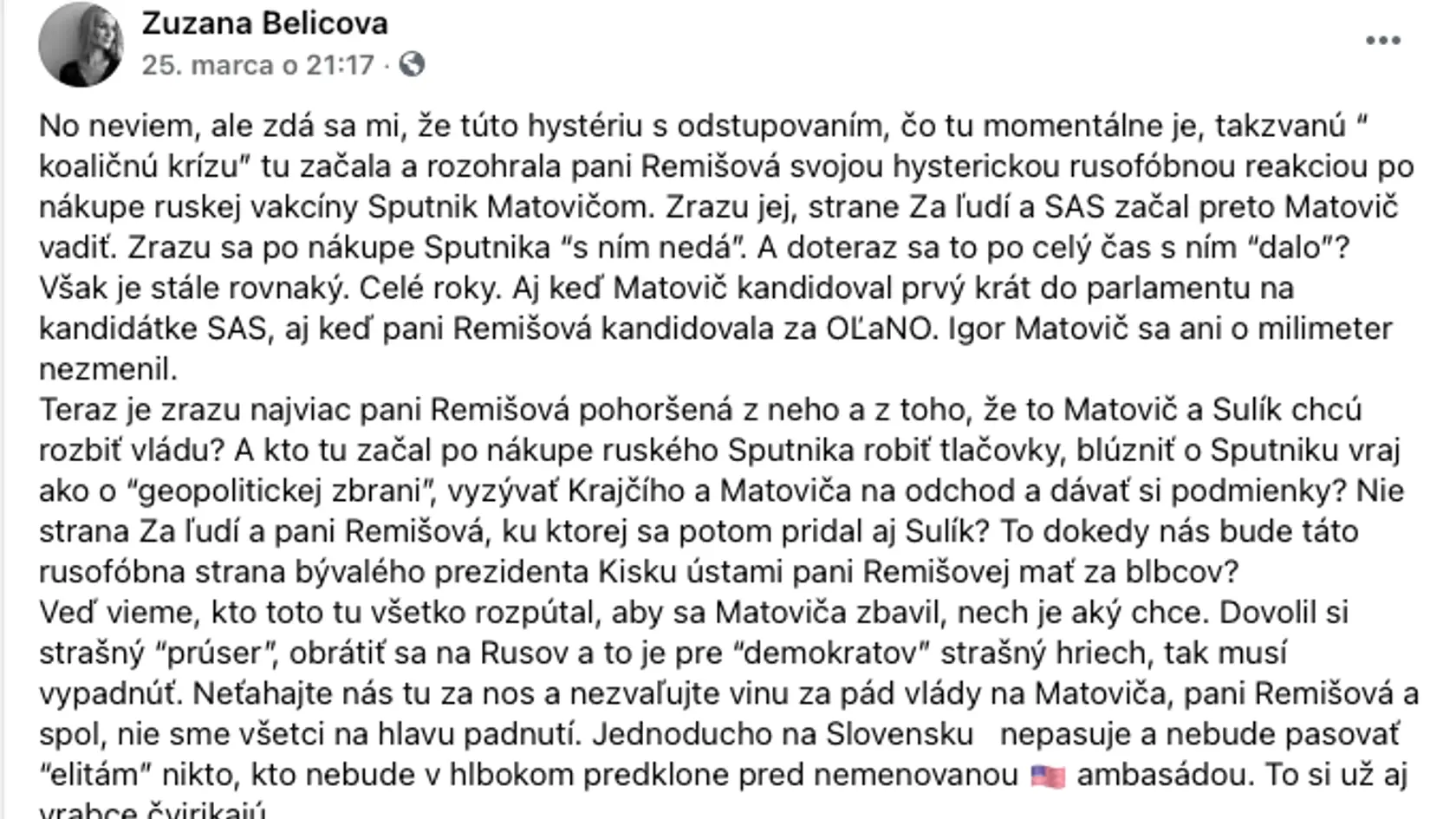 Belicovej statusy, ktorými komentuje aktuálne politické dianie.