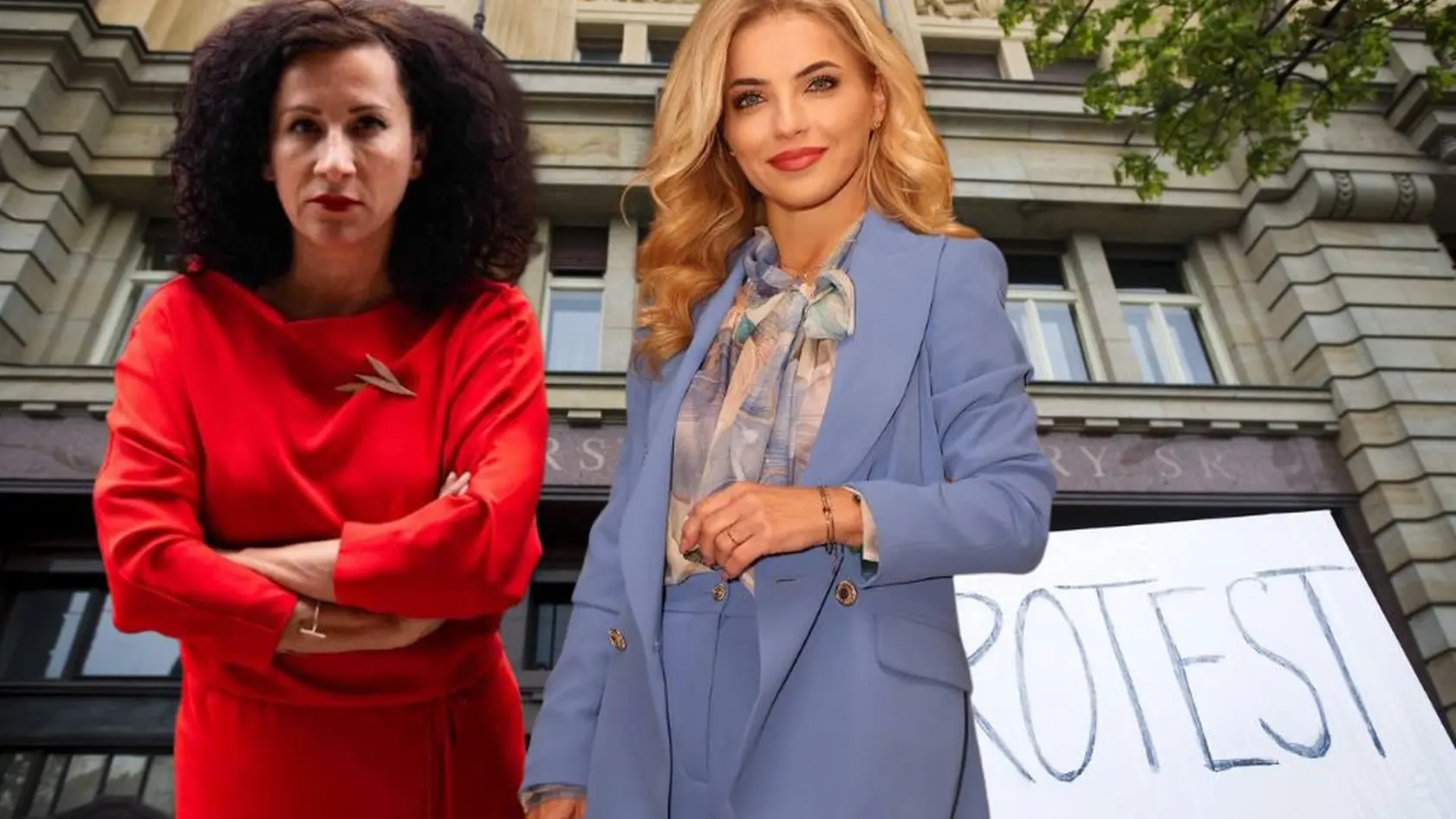 Na kombosnímke zľava opozičná parlamentná poslankyňa  Zora Jaurová (PS) a ministerka kultúry Maritna Šimkovičová (nom. SNS). V pozadí je budova ministerstva kultúry.