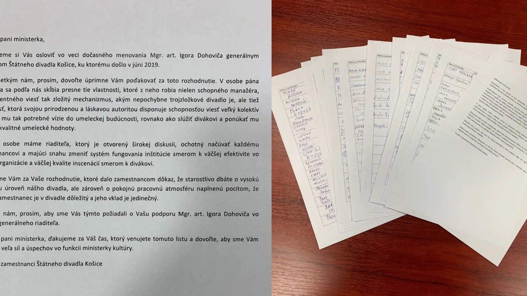 Petícia zamestnancov Štátneho divadla v Košiciach, ktorú adresovali bývalej ministerke kultúry Ľubici Laššákovej (Smer-SD)