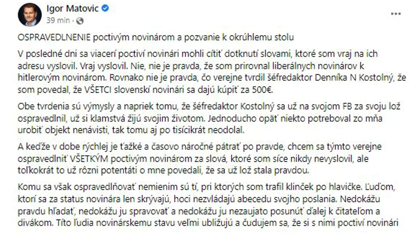 Ospravedlnenie šéfa OĽANO Igora Matoviča novinárom. Časť 1 z 2.
