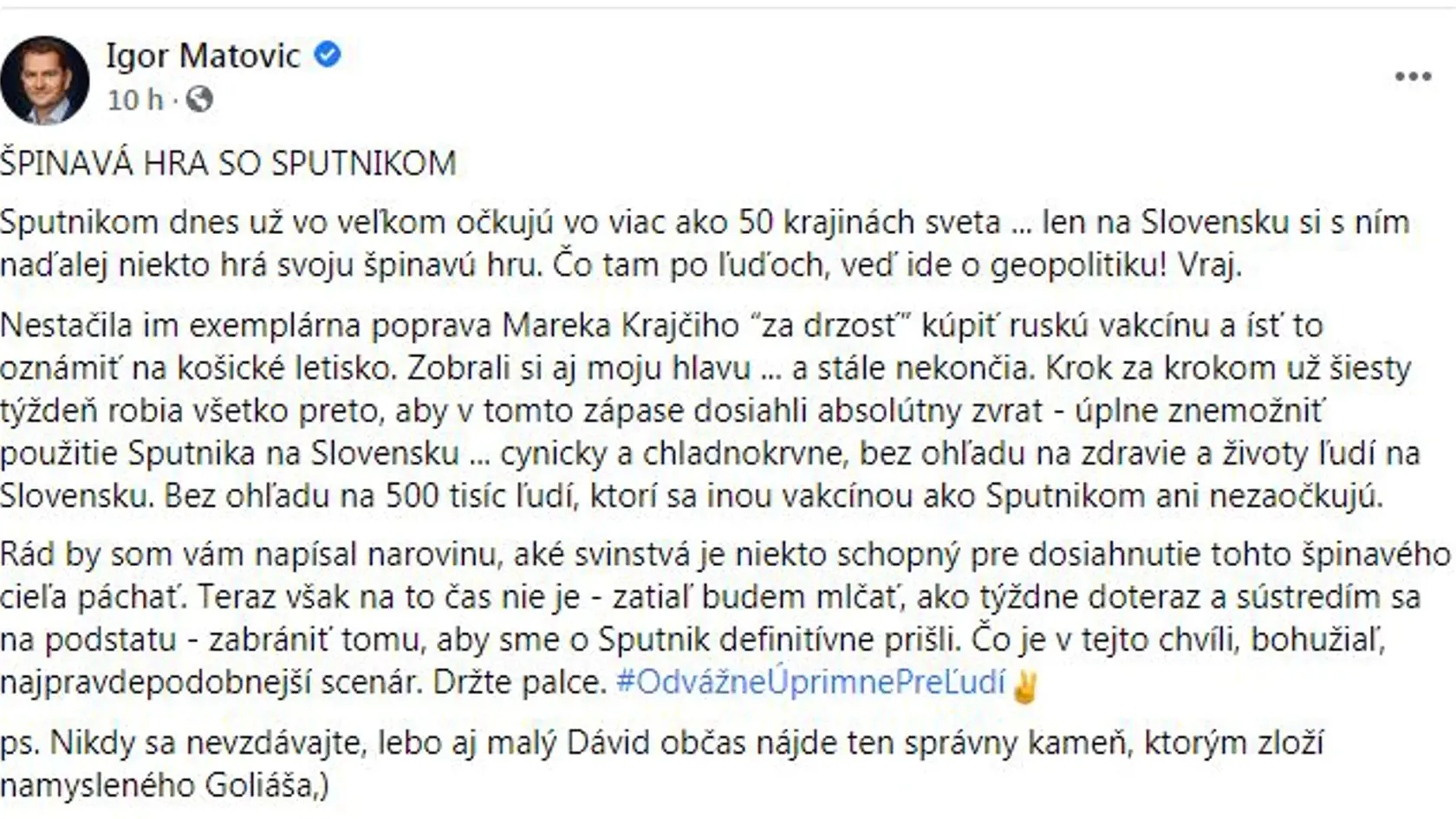 Minister Igor Matovič sa v statuse opäť poriadne rozohnil.