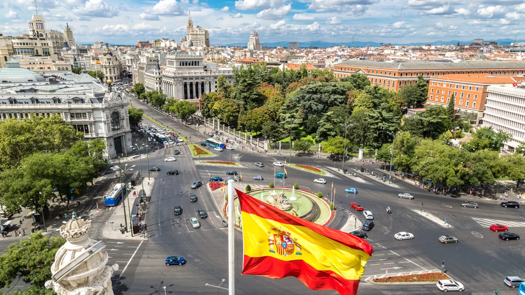 Aerial,View,Of,Cibeles,Fountain,At,Plaza,De,Cibeles,In