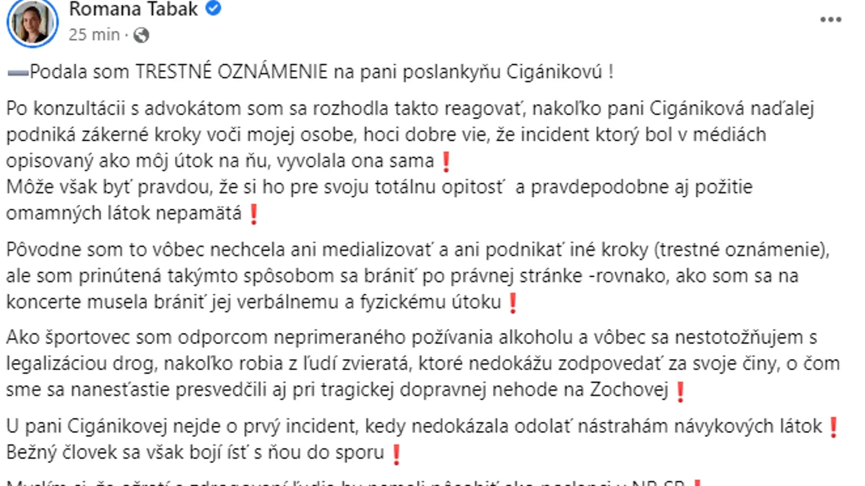 Podala som TRESTNÉ OZNÁMENIE na pani poslankyňu Cigánikovú !