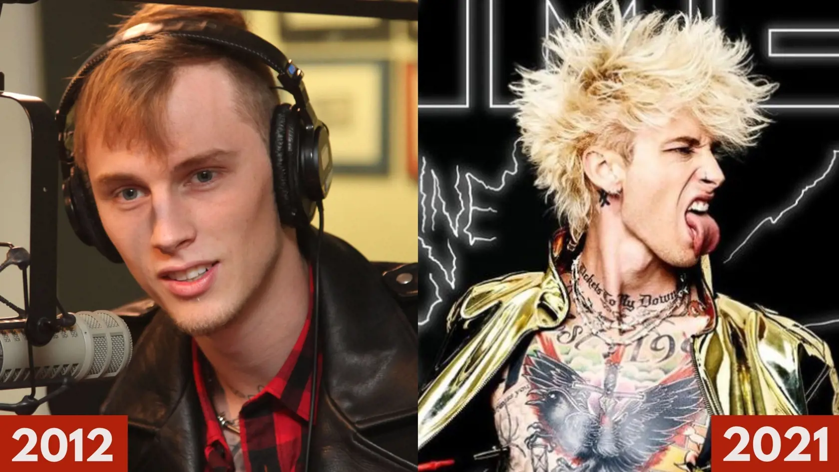 Machine Gun Kelly v roku 2012 a v roku 2021