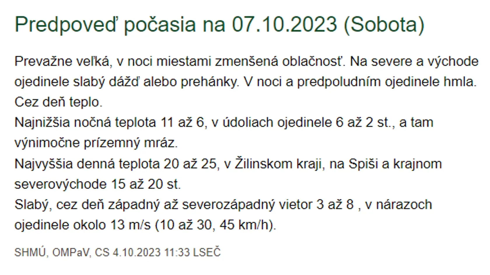 Predpoveď počasia na 07.10.2023 (Sobota)