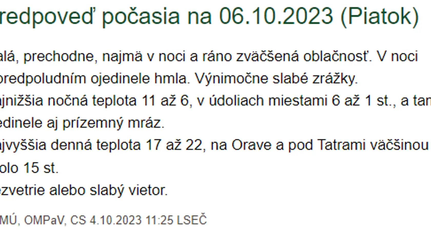 Predpoveď počasia na 06.10.2023 (Piatok)