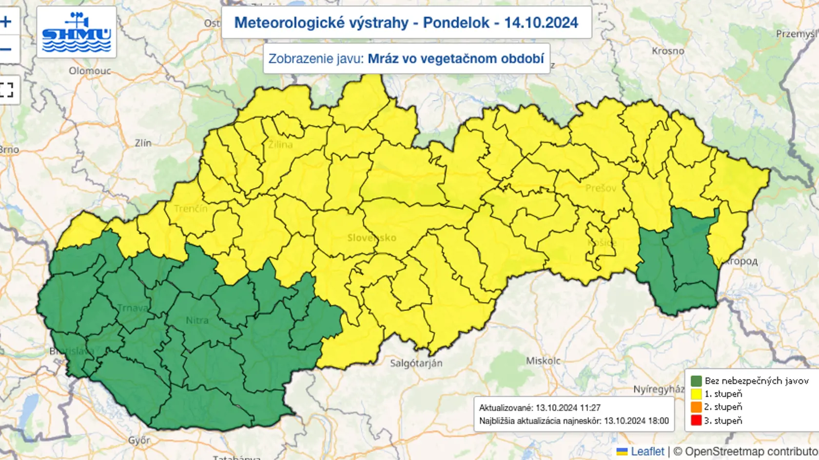 Výstrahy pred prízemným mrazom na pondelok 14. októbra.