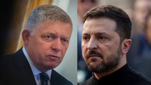 Na kombosnímke zľava premiér SR Robert Fico a prezident Ukrajiny Volodymyr Zelenskyj.