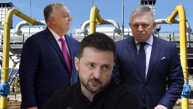 Na kombosnímke zľava maďarský ministerský predseda Viktor Orbán, prezident Ukrajiny Volodymyr Zelenskyj a premiér Slovenskej republiky Robert Fico. V pozadí kompresorová stanica vo Veľkých Kapušanoch.